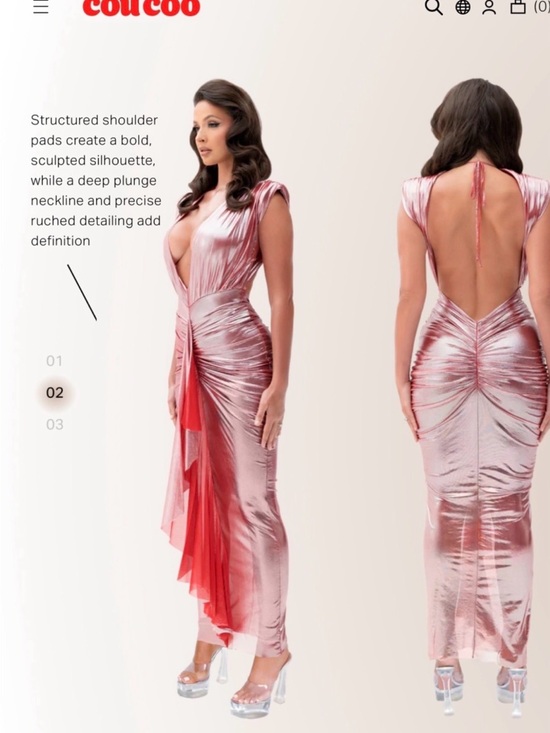 Coucoo Dresses & Skirts - Coucou Metallic Pink Ruched Plunge-Back Maxi Dress.